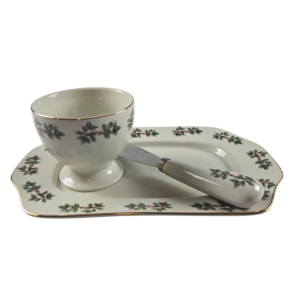 Living Quarters Holly Christmas 3 Pc Porcelain Serving Set Platter Bowl Knife